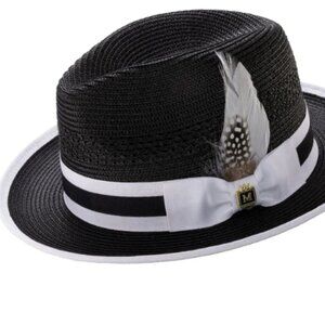 Montique BLACK Fedora Hat with Two-Tone Grosgrain Ribbon Band and Feather  H-101